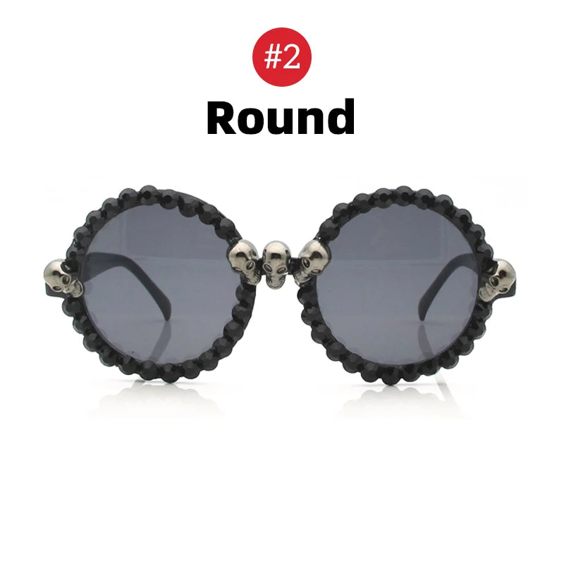 Women Gothic Skull Sunglasses Black Cat Eye Rhinestone Gorgeous Cateye UV400 Protection Ladies Round Sun Glasses Vintage Eyewear