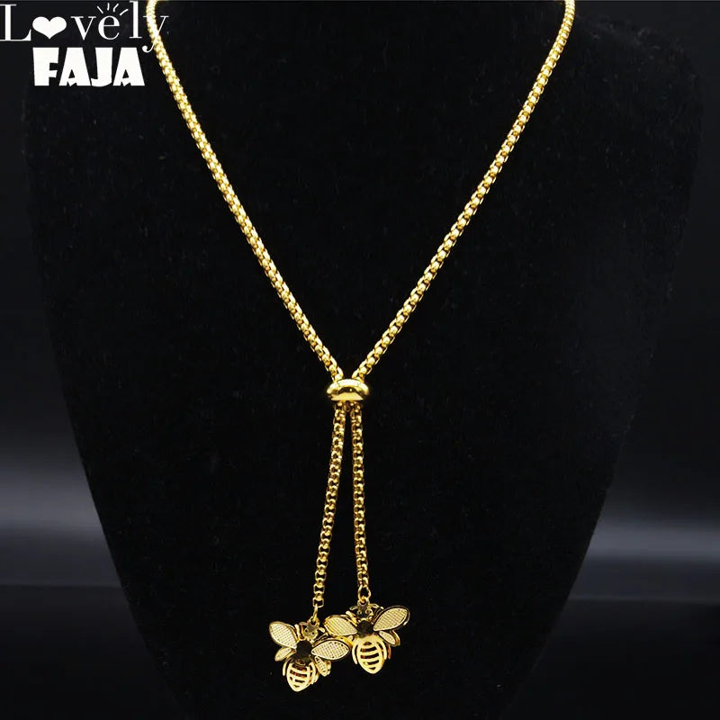 Fashion Bee Stainless Steel Long Necklace for Women Gold Color Statement Necklace Jewelry colgantes mujer moda N1525S03
