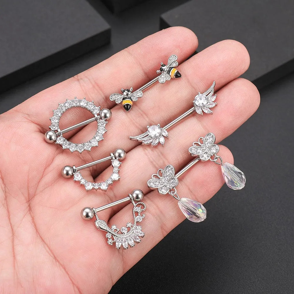 2pcs Cute Nipple Piercings Barbell Stainless Steel Crystal Nipple Shield Cover Heart Flower Nipple Rings Jewelry Body 1.6mm*16mm