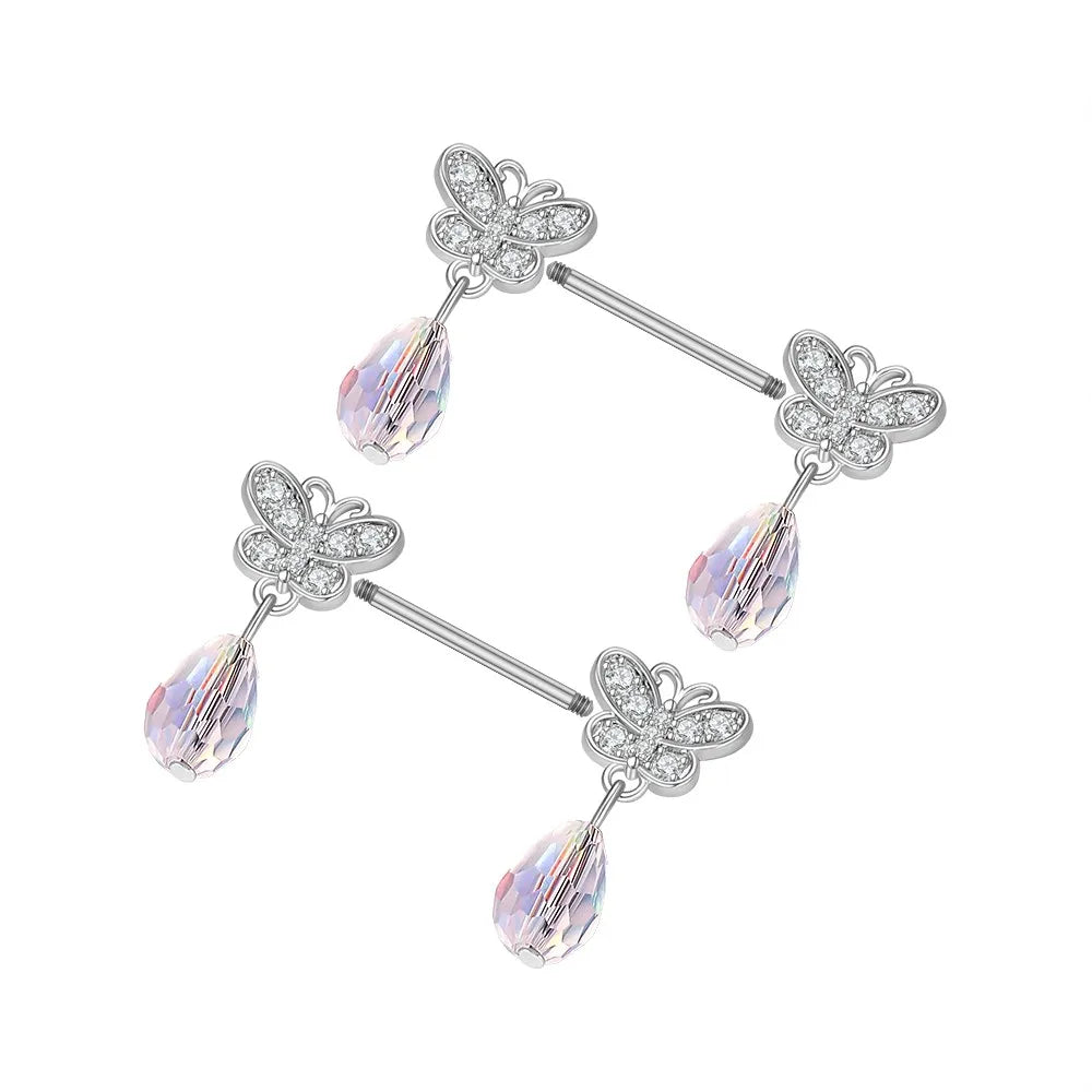 2pcs Cute Nipple Piercings Barbell Stainless Steel Crystal Nipple Shield Cover Heart Flower Nipple Rings Jewelry Body 1.6mm*16mm