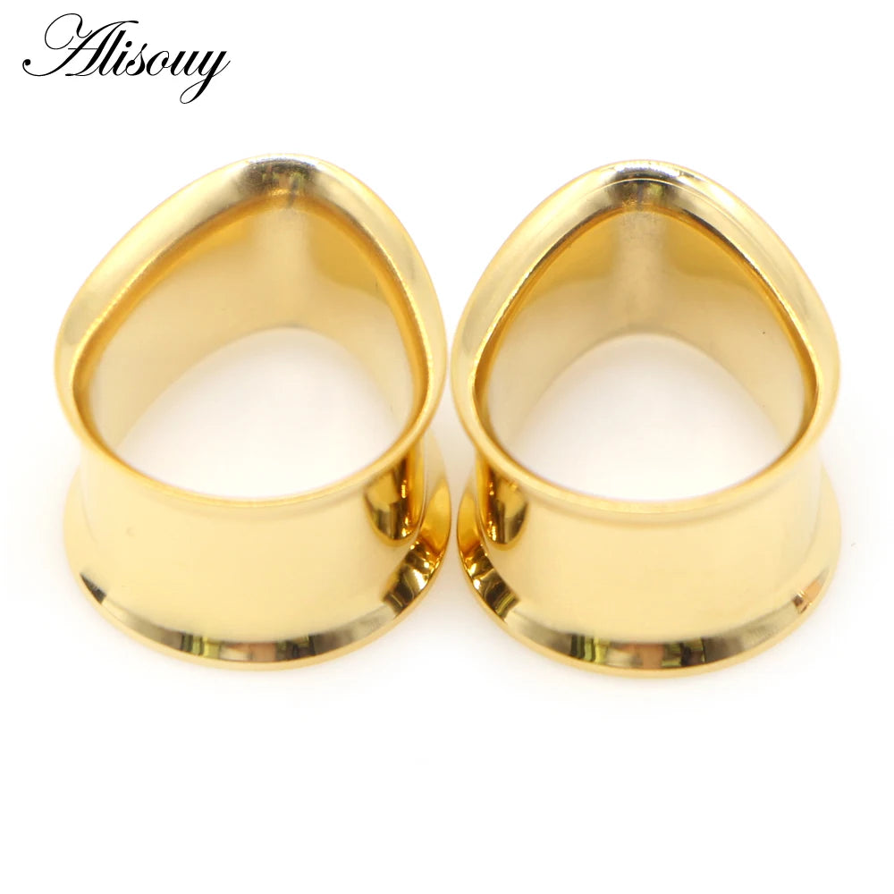 Alisouy 2pcs Water Drop Stainless Steel Ear Plug Tunnels Black Gold Color Ear Expander Plugs Tunnels Body Jewelry Ear Gauges