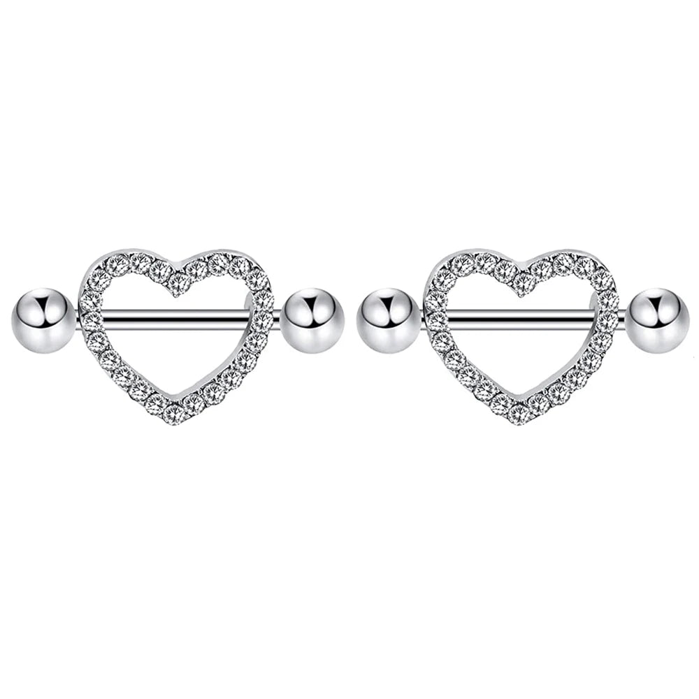 2pcs Cute Nipple Piercings Barbell Stainless Steel Crystal Nipple Shield Cover Heart Flower Nipple Rings Jewelry Body 1.6mm*16mm