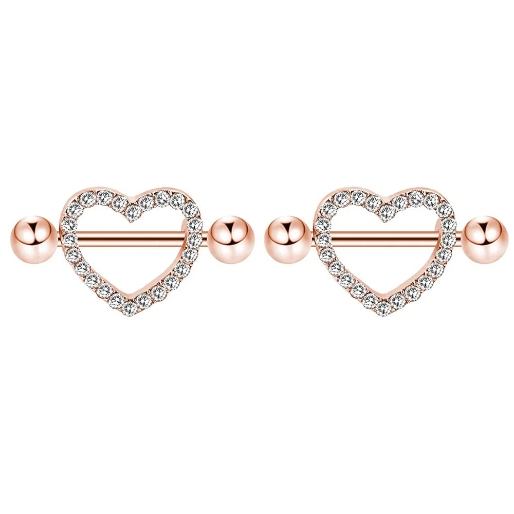 2pcs Cute Nipple Piercings Barbell Stainless Steel Crystal Nipple Shield Cover Heart Flower Nipple Rings Jewelry Body 1.6mm*16mm