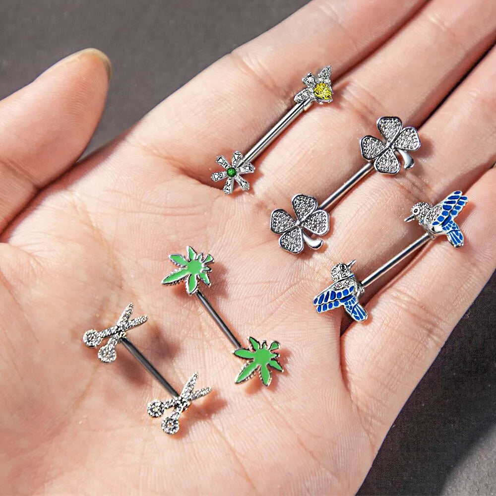 2pcs Cute Nipple Piercings Barbell Stainless Steel Crystal Nipple Shield Cover Heart Flower Nipple Rings Jewelry Body 1.6mm*16mm