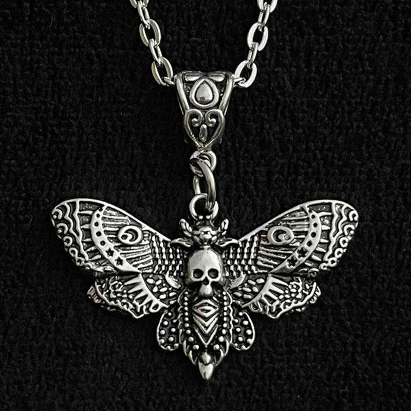 Death Moth Necklace Pendant 18inch Chain Sugar Skull Gothic Butterfly Rock Emo Goth Silver Color 18inch Strong Chain