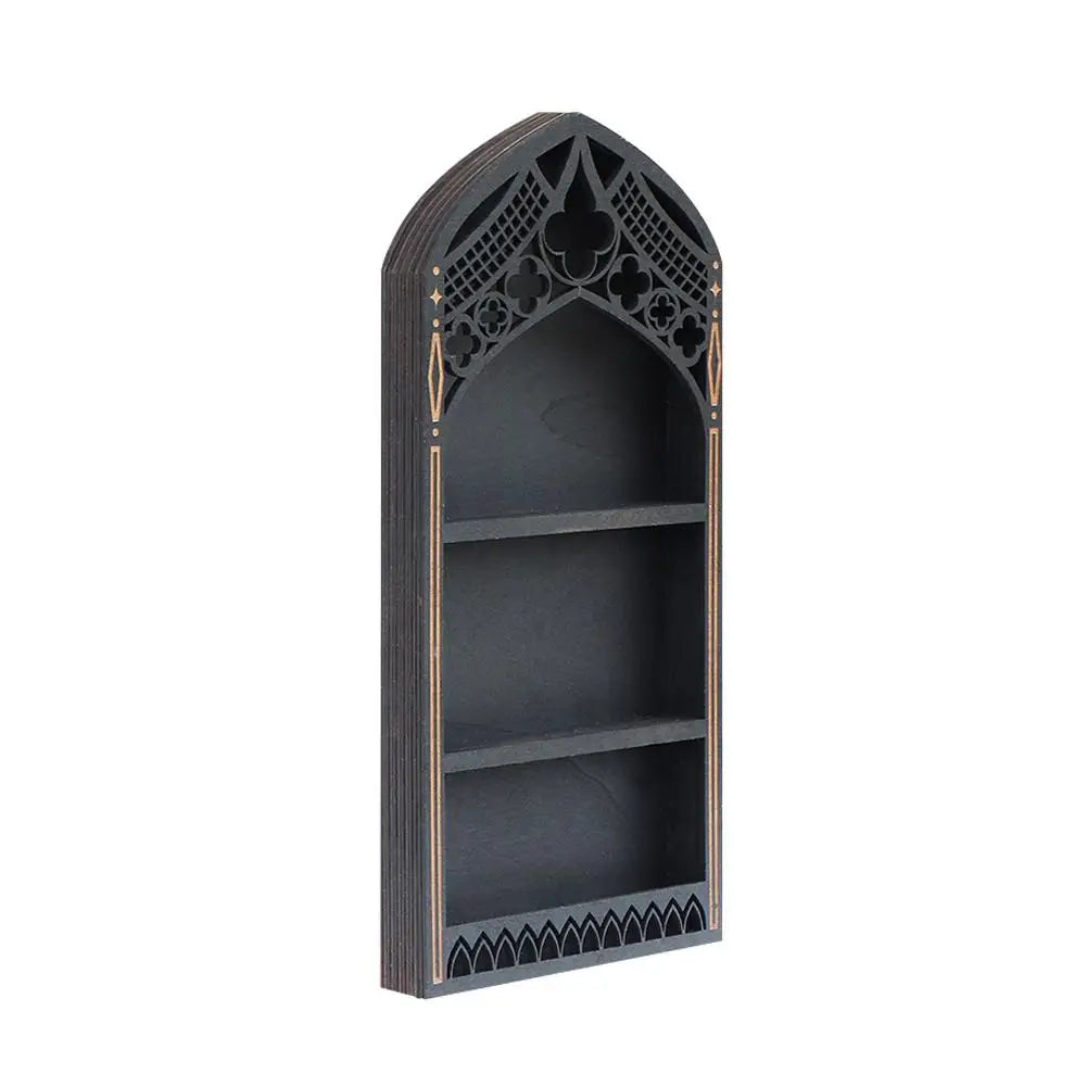 Wall Display Shelf Wood Church Window Design Stones Holder Black Wooden Shelf For Wall For Office Gothic Room Decoration