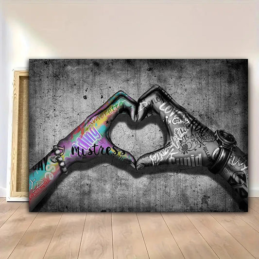 Retro Canvas Wall Art Graffiti Hand Love Heart Gesture Canvas Prints, Street Art Poster Modern Couple Living Wall Home Decor