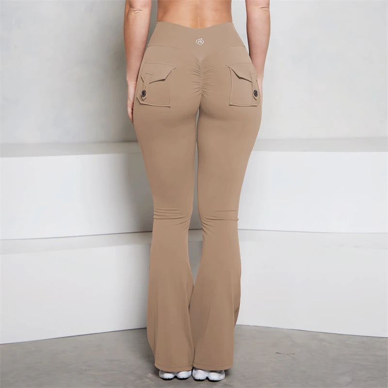 BUM Grey Pocket Flare Scrunch Butt Pants PB Women Tight-Fit Sexy Slim High Waist Pants Push Up Sport Fitness Flare Leggings