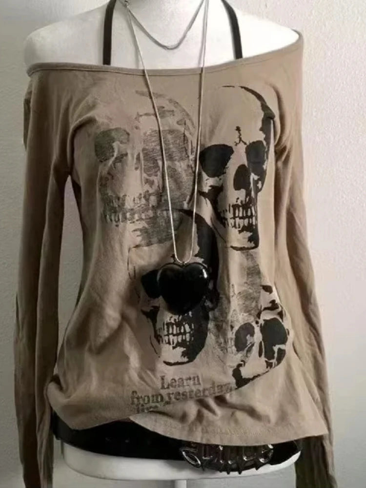 Harajuku T Shirts Women Skull Print Slash Neck Y2k Tops Fashion Gothic 2000s Vintage Tees Streetwear Punk Letter Black Tshirts