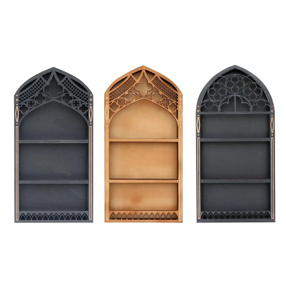 Wall Display Shelf Wood Church Window Design Stones Holder Black Wooden Shelf For Wall For Office Gothic Room Decoration