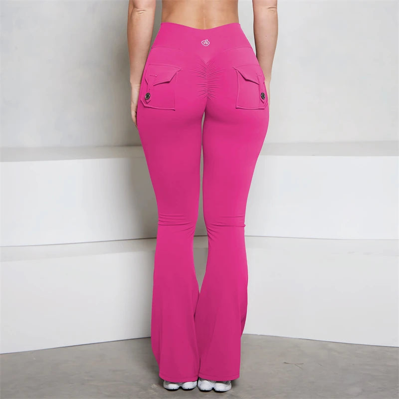 BUM Grey Pocket Flare Scrunch Butt Pants PB Women Tight-Fit Sexy Slim High Waist Pants Push Up Sport Fitness Flare Leggings