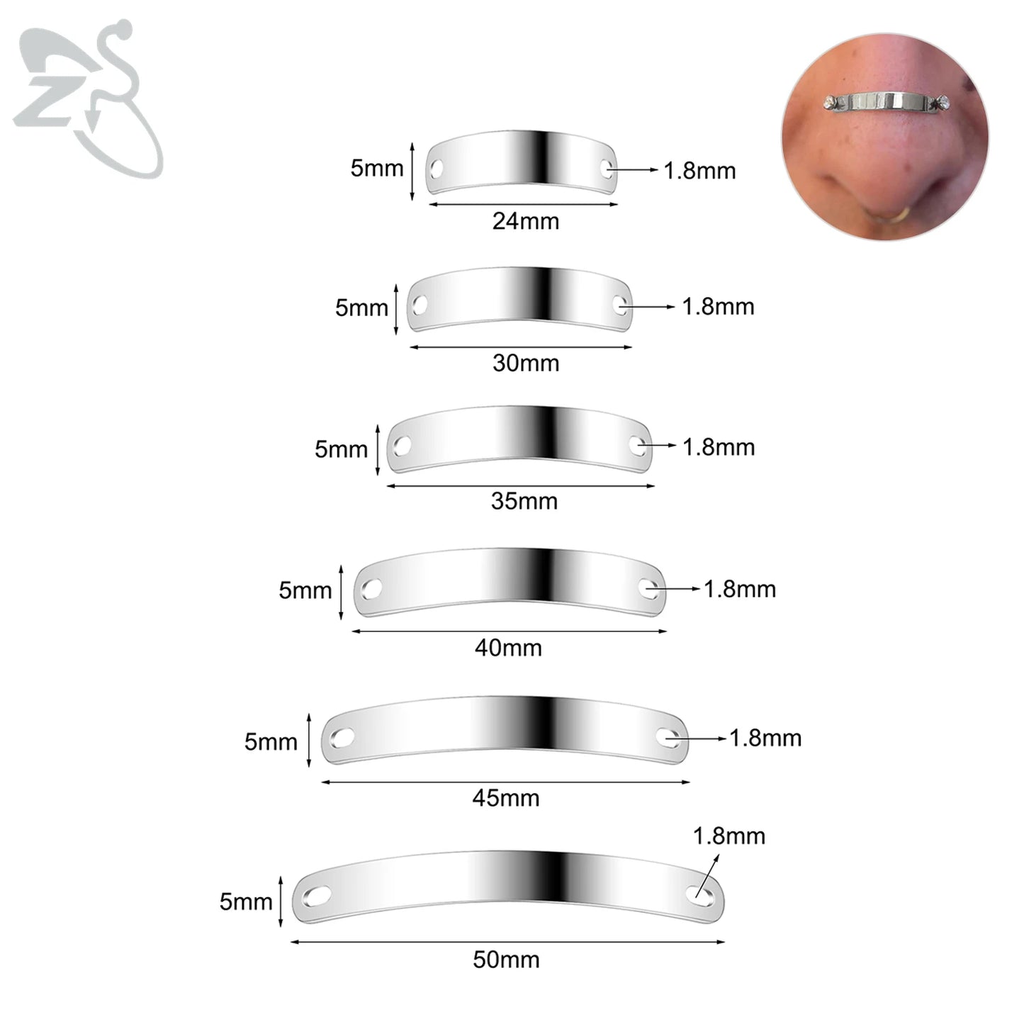 ZS 1 Set 24/30/35/40/45/50MM Stainelss Steel Nose Piercing For Men Women Punk Adjustable Nostril Bridge Piercings Body Jewelry