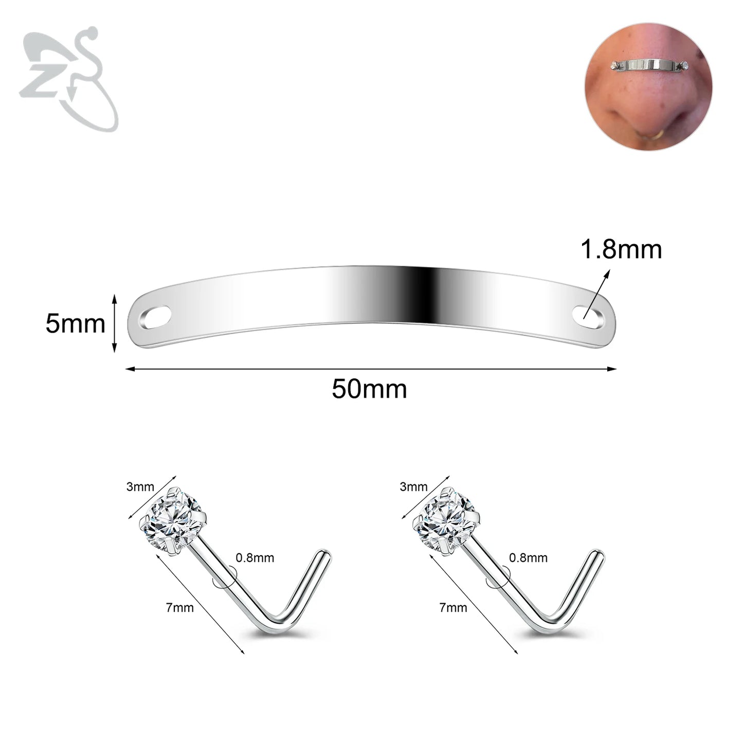 ZS 1 Set 24/30/35/40/45/50MM Stainelss Steel Nose Piercing For Men Women Punk Adjustable Nostril Bridge Piercings Body Jewelry