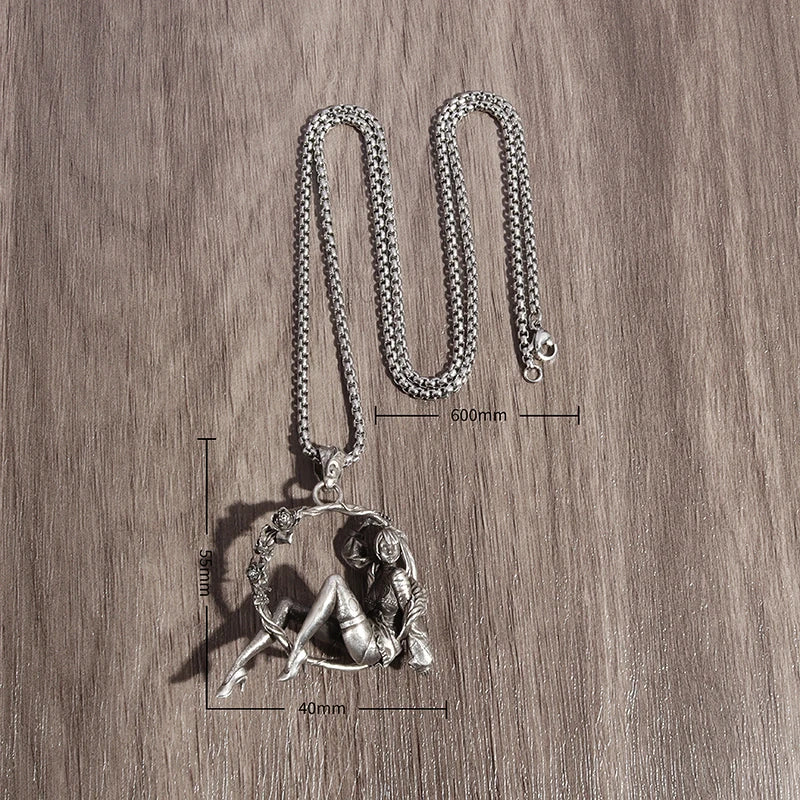 Cartoon Mechanical High Heels Dancing Girl Wreath Pendant Necklace Men and Women Hip Hop Trend Charm Jewelry Gift
