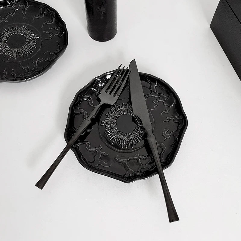 Irregular Ceramic Dinner Plate Black Evil Eye Decorative Dish American Style Gothic Restaurant Tableware Snack Saucer Home Decor