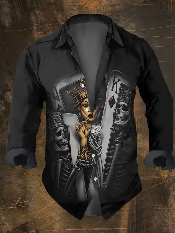 Halloween Men's Retro Dark Skull Prints Long Sleeve Shirt-Faith Chest Print,Regular Fit,Lapel Collar, Polyester Blend Black Tops