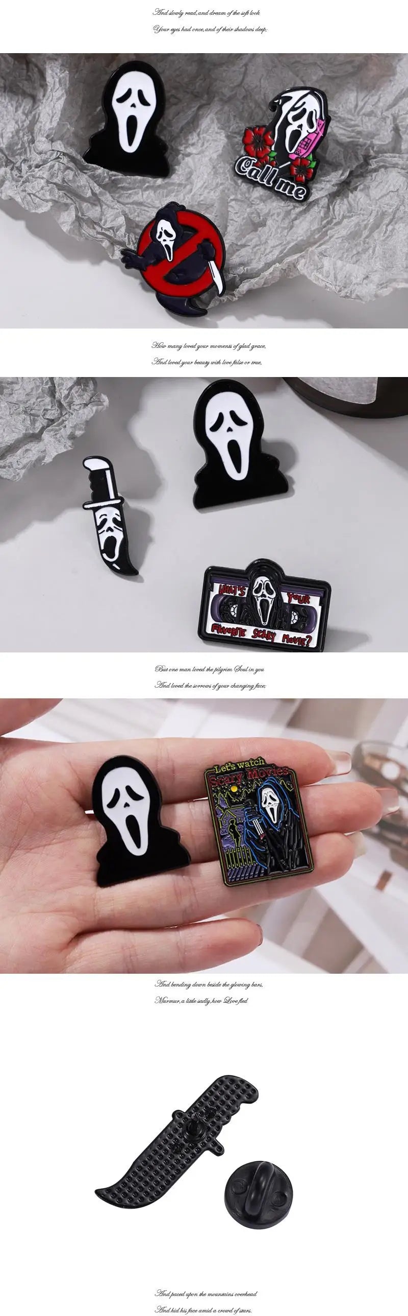 Call Me Enamel Pins What's Your Favorite Scary Movie Custom Brooches Lapel Badges Gothic Punk Skeleton Jewelry Gift for Friends