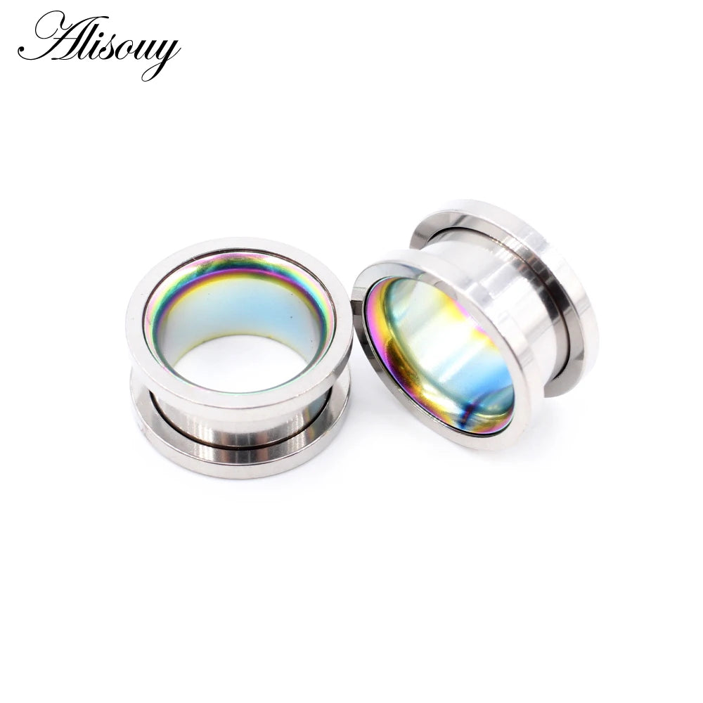 Alisouy 2pcs Smiple Hollow Stainless Steel Flared Ear Plugs Tunnel Expander Stretcher Gauges Flesh Piercing Earring Body Jewelry