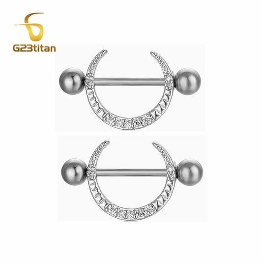 2pcs Micro Inlaid Zircon Moon Shaped Nipple Ring 14G 16mm Length Straight Titanium Steel Barbell Body Piercing Jewelry Adornment