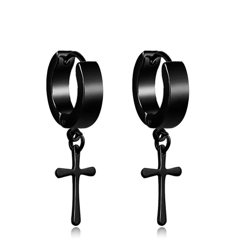 2pc Stainless Steel Cross Hoop Earrings for Men and Women Punk Black Cartilage Earrings Round Street Hip Hop Rock Jewelry Gifts