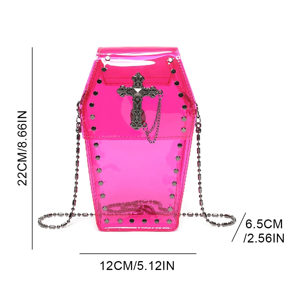 Gothic Crossbody Bag for Women Coffin Shaped Bag PVC Clear Jelly Y2K Punk Chain Shoulder Bag Female Stadium Approved Phone Bag