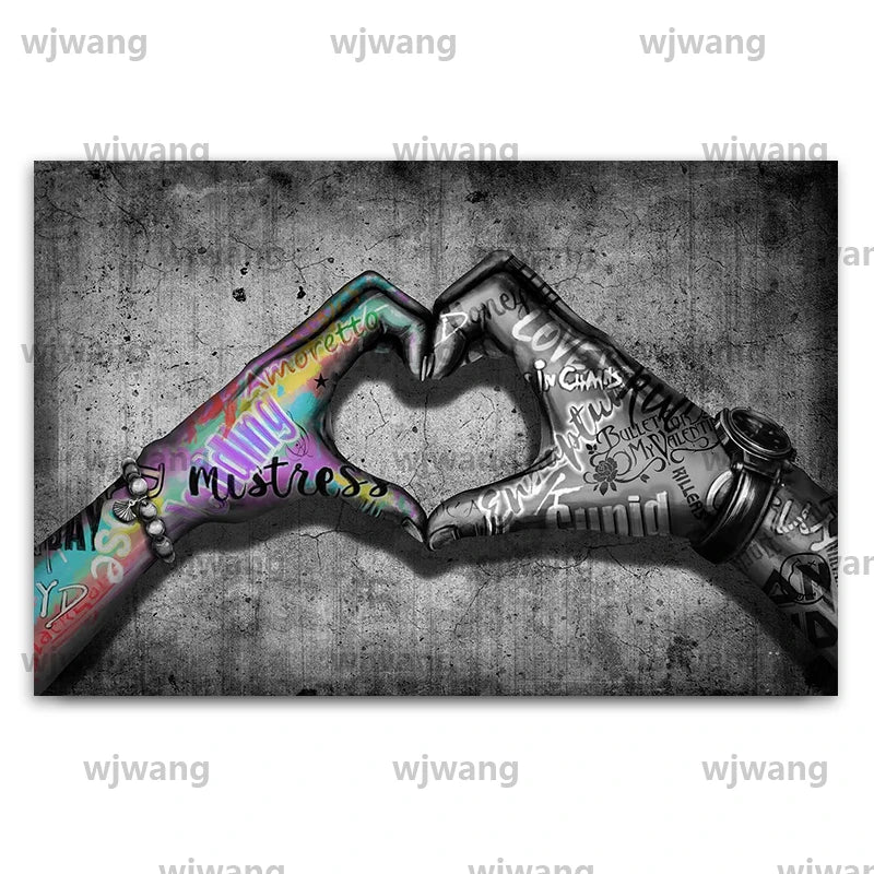 Retro Canvas Wall Art Graffiti Hand Love Heart Gesture Canvas Prints, Street Art Poster Modern Couple Living Wall Home Decor