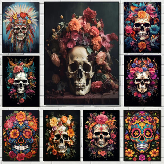 Floral Skulls Portrait Gothic Posters and Prints