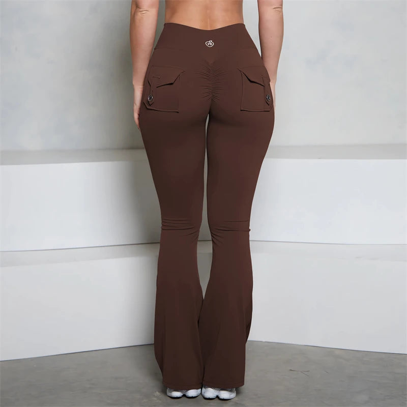 BUM Grey Pocket Flare Scrunch Butt Pants PB Women Tight-Fit Sexy Slim High Waist Pants Push Up Sport Fitness Flare Leggings