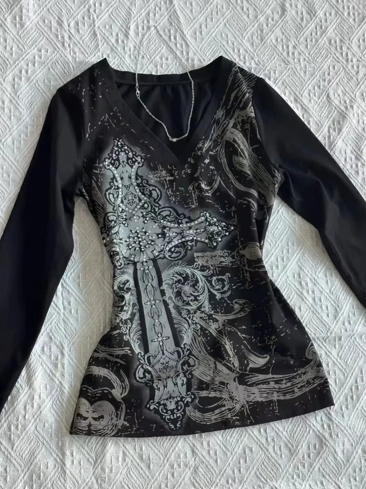Harajuku T Shirts Women Skull Print Slash Neck Y2k Tops Fashion Gothic 2000s Vintage Tees Streetwear Punk Letter Black Tshirts