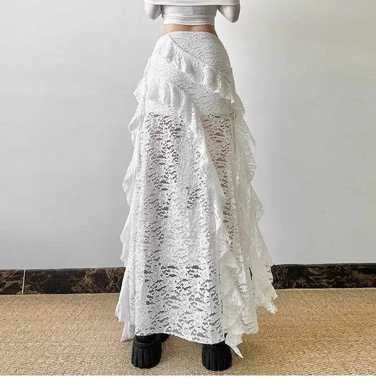 Sexy High Waist Lace Ruffles Skirts Women 2025 Spring Irregular Y2k Skirts Women Fashion Black Patchwork Party Clubwear Gothic