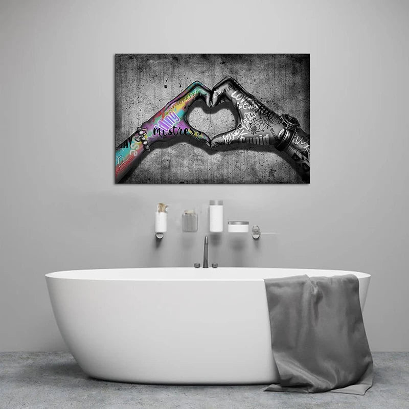 Retro Canvas Wall Art Graffiti Hand Love Heart Gesture Canvas Prints, Street Art Poster Modern Couple Living Wall Home Decor