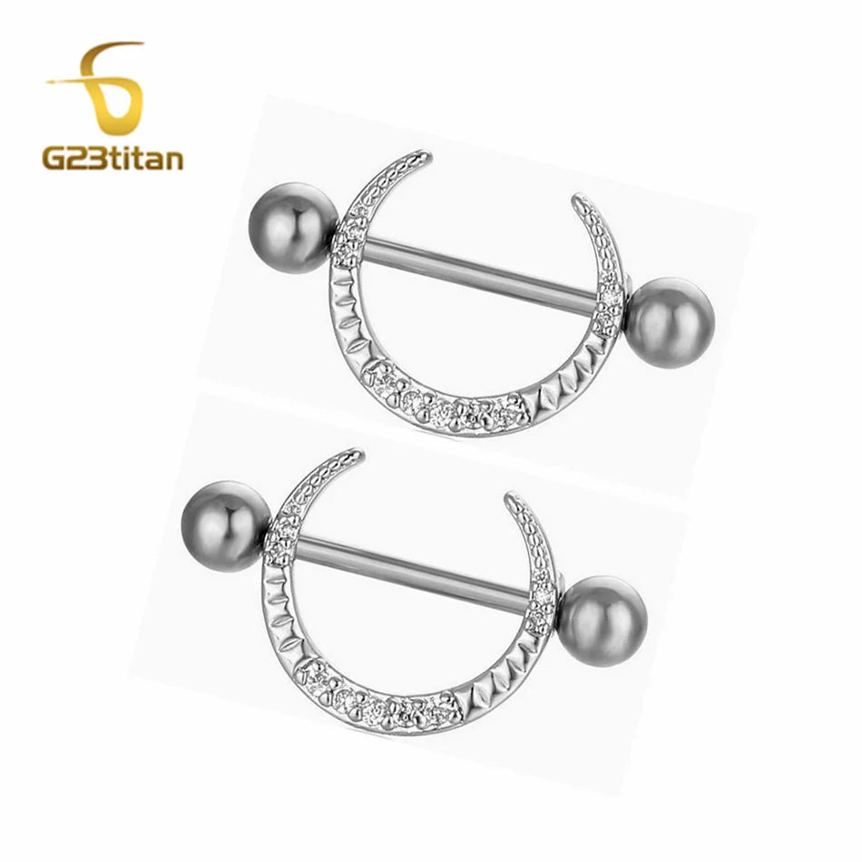 2pcs Micro Inlaid Zircon Moon Shaped Nipple Ring 14G 16mm Length Straight Titanium Steel Barbell Body Piercing Jewelry Adornment