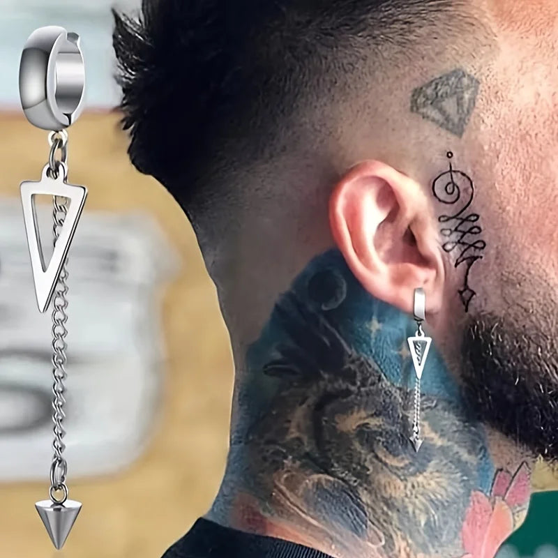 1pc Stylish Punk Unique Design Stainless Steel Geometric Triangle Chain Cone Ear Clips Non-Piercing Earrings for Men Women