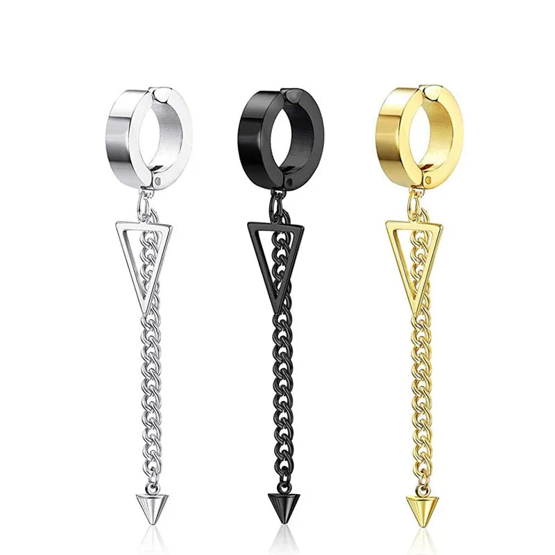 1pc Stylish Punk Unique Design Stainless Steel Geometric Triangle Chain Cone Ear Clips Non-Piercing Earrings for Men Women