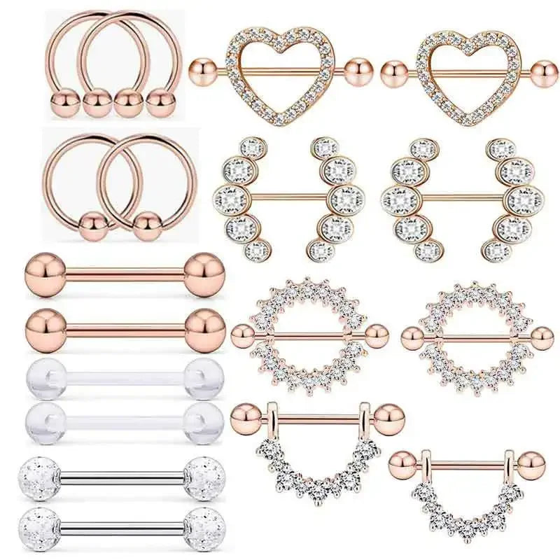 Fashion Stainless Steel Heart Nipple Piercing Set Jewelry Flower Nipple Barbell Pack Crystal Nipple Ring Lot Sexy Body Piercing