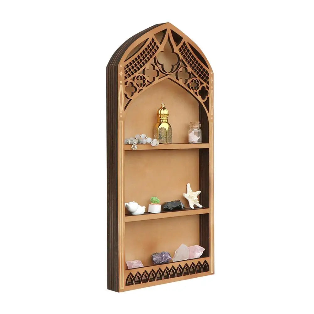 Wall Display Shelf Wood Church Window Design Stones Holder Black Wooden Shelf For Wall For Office Gothic Room Decoration