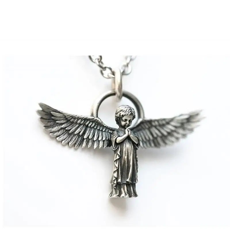 Fashion silver color guardian angel pendant necklace men and women personality angel wings prayer pendant necklace couple gift
