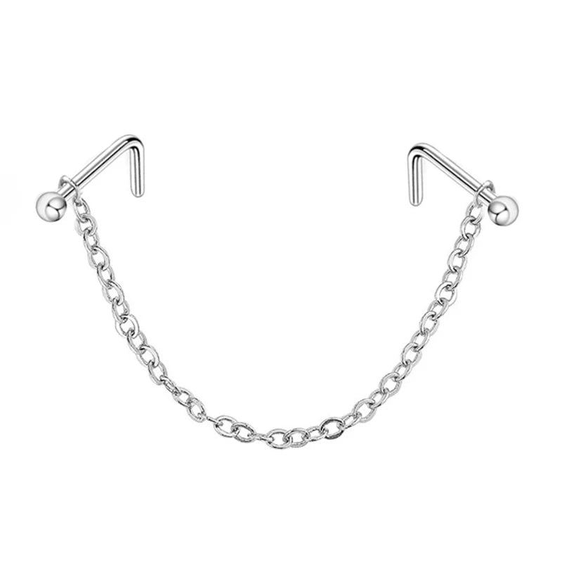 1pc Nose Ring With Chain Double Piercing Nose Stud Zircon L Shaped Stainless Steel Nostril Body Jewelry