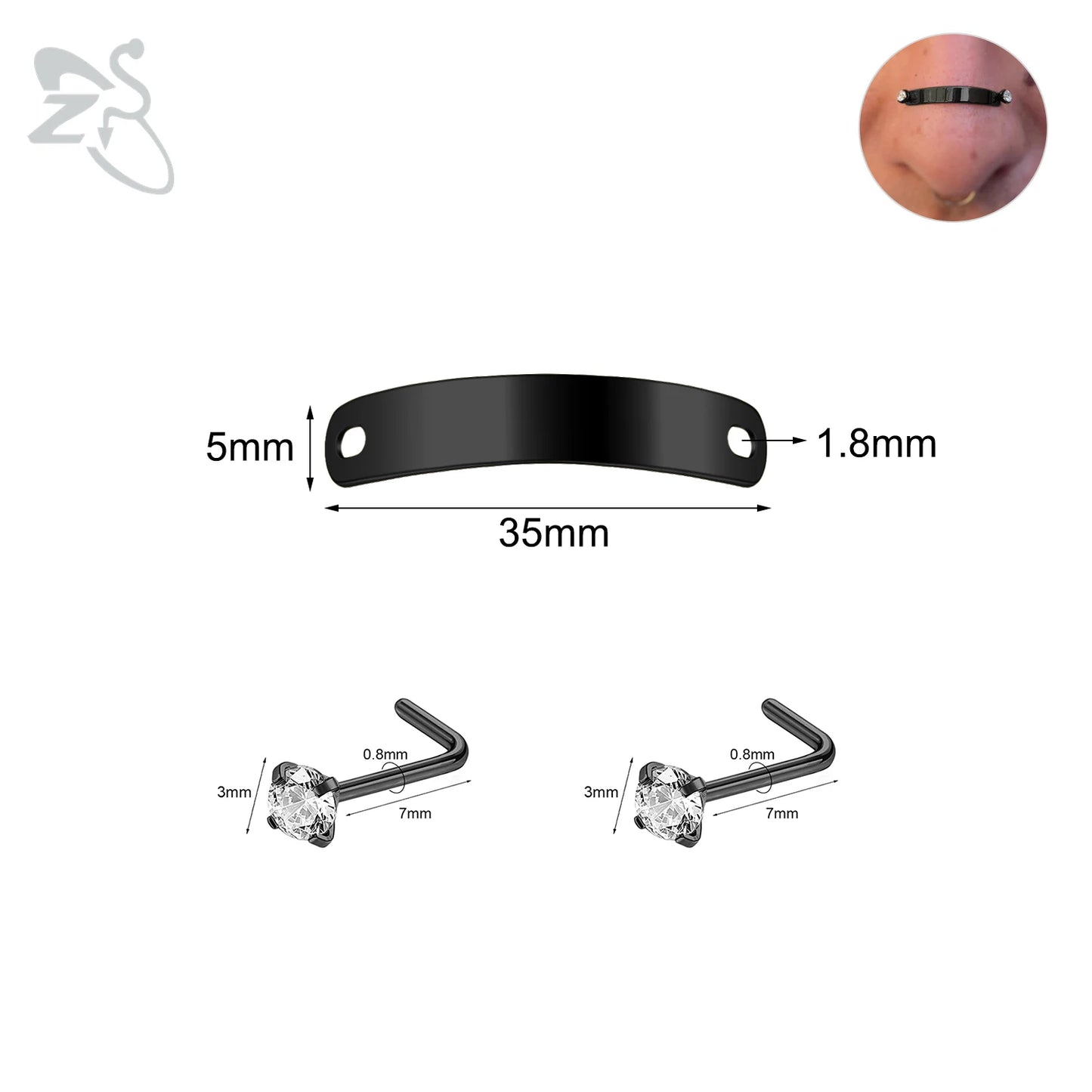 ZS 1 Set 24/30/35/40/45/50MM Stainelss Steel Nose Piercing For Men Women Punk Adjustable Nostril Bridge Piercings Body Jewelry