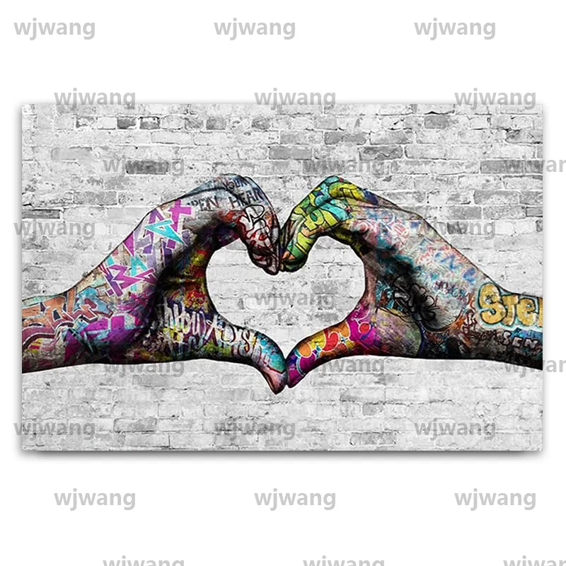 Retro Canvas Wall Art Graffiti Hand Love Heart Gesture Canvas Prints, Street Art Poster Modern Couple Living Wall Home Decor