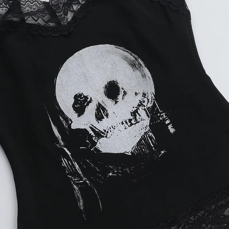 AltGoth Mall Gothic Skull Printed Camisole Women Vintage Streetwear Y2k E-girl Harajuku Cyber Punk Lace Patchwork Crop Tank Tops