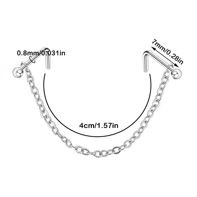 1pc Nose Ring With Chain Double Piercing Nose Stud Zircon L Shaped Stainless Steel Nostril Body Jewelry