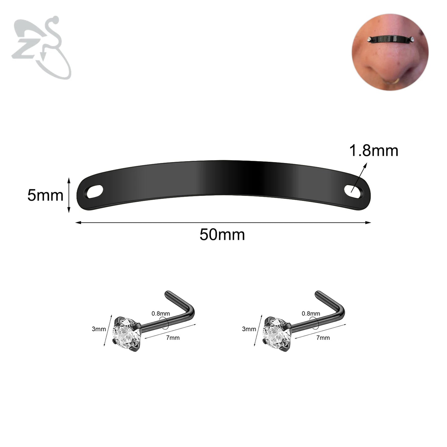 ZS 1 Set 24/30/35/40/45/50MM Stainelss Steel Nose Piercing For Men Women Punk Adjustable Nostril Bridge Piercings Body Jewelry