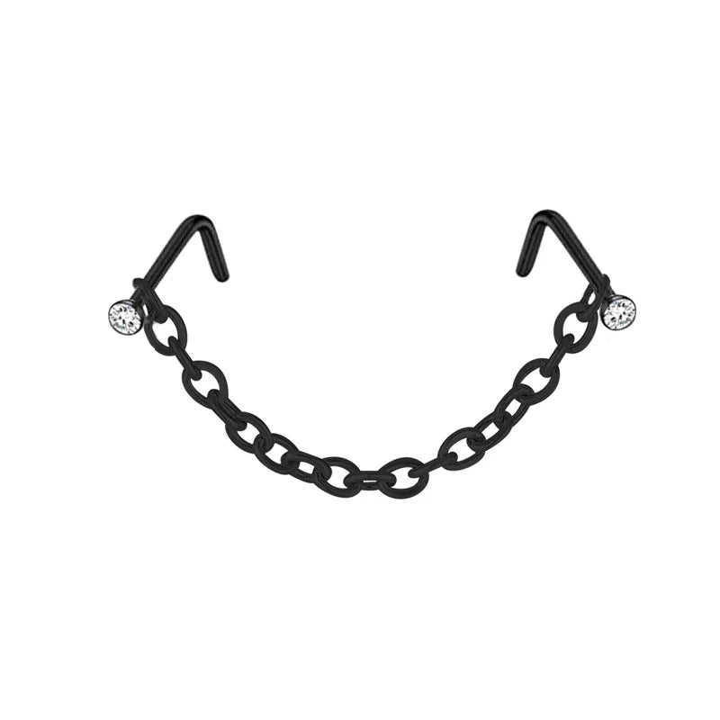 1pc Nose Ring With Chain Double Piercing Nose Stud Zircon L Shaped Stainless Steel Nostril Body Jewelry