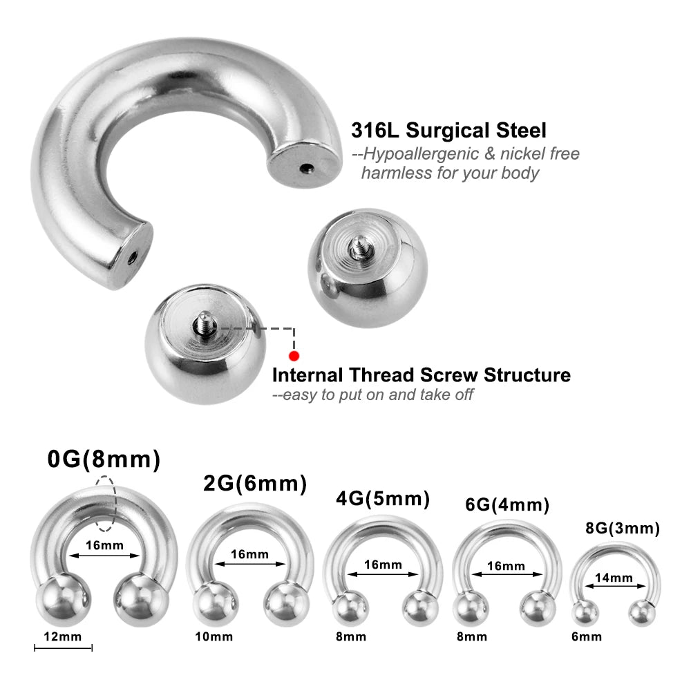 1Pc/lot Steel Big Large Size Horseshoe Ring Nose Piercing Ear Expander BCR Hoop Earring Septum 12-00G Male Intimate Body Jewelry