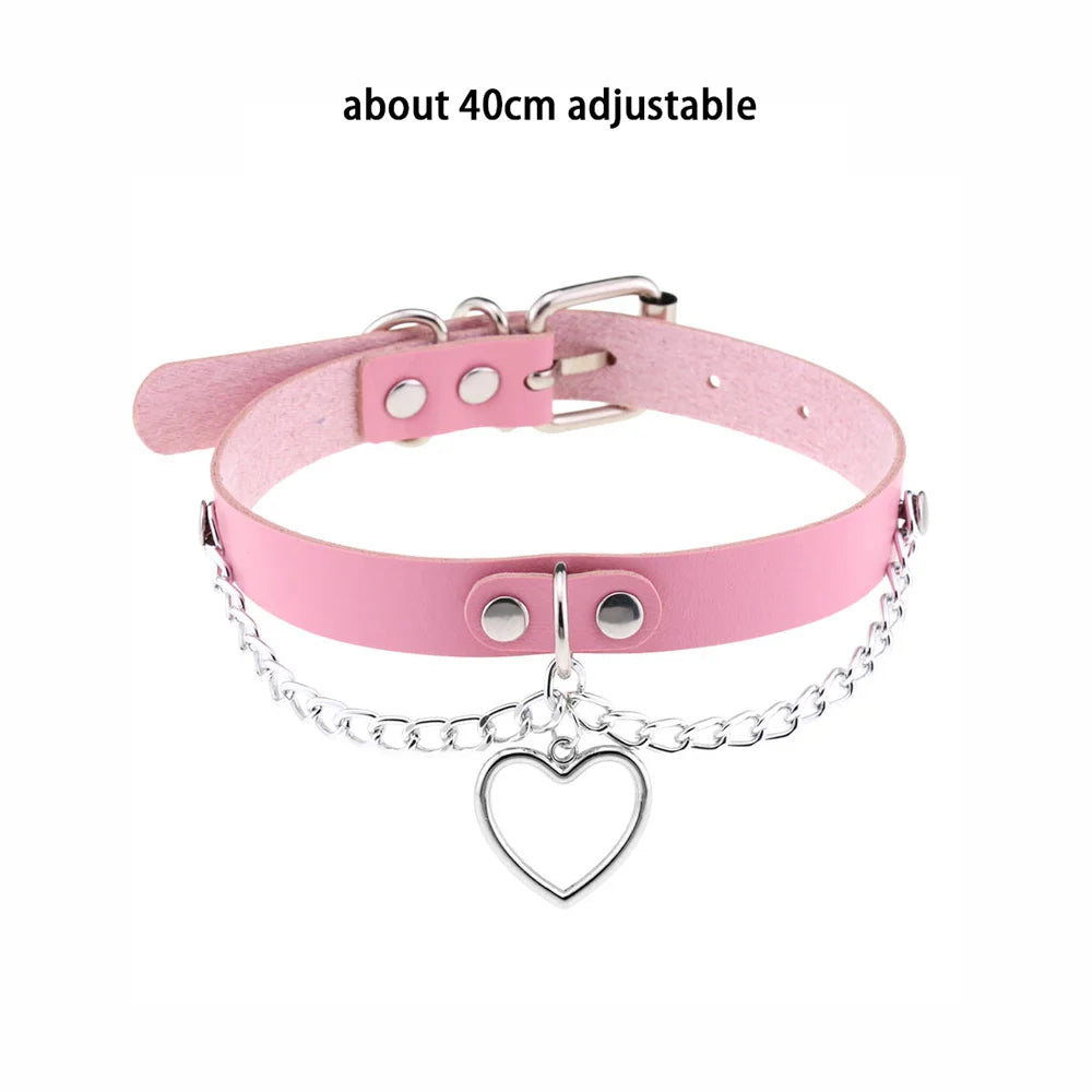 Pink Sexy Trendy Rock Gothic Collar Necklaces Jewelry Gothic Leather Heart Rivets Harajuku Punk Choker Necklace for Women Gift