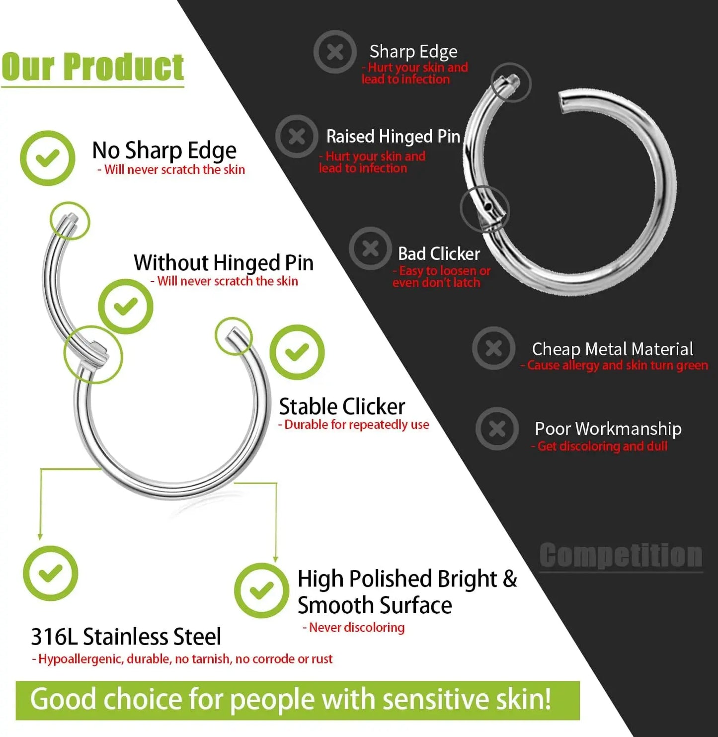 1-3PCS Hinged Nose Ring Hoop Septum Hoop  Ring Tragus Rook Ring Piercing Jewelry Lip Labret Ring Clicker Cartilage Earrings
