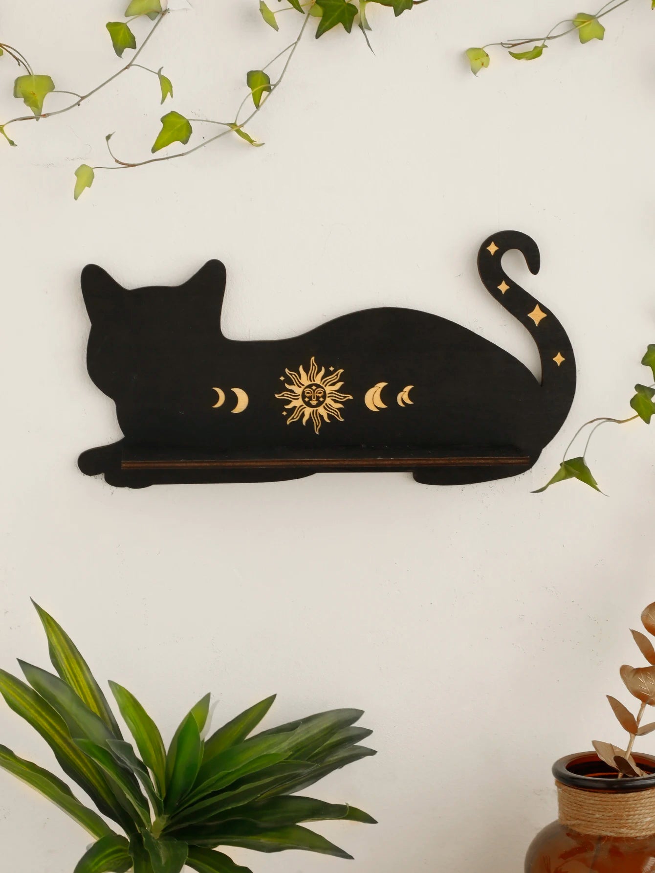 Black Cat Wooden Shelf Moon Phase Chakra Crystal Stone Display Stand Wall Shelf  Witch Home Decor Gothic Room Decor Home Bedroom