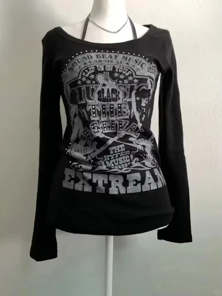 Harajuku T Shirts Women Skull Print Slash Neck Y2k Tops Fashion Gothic 2000s Vintage Tees Streetwear Punk Letter Black Tshirts