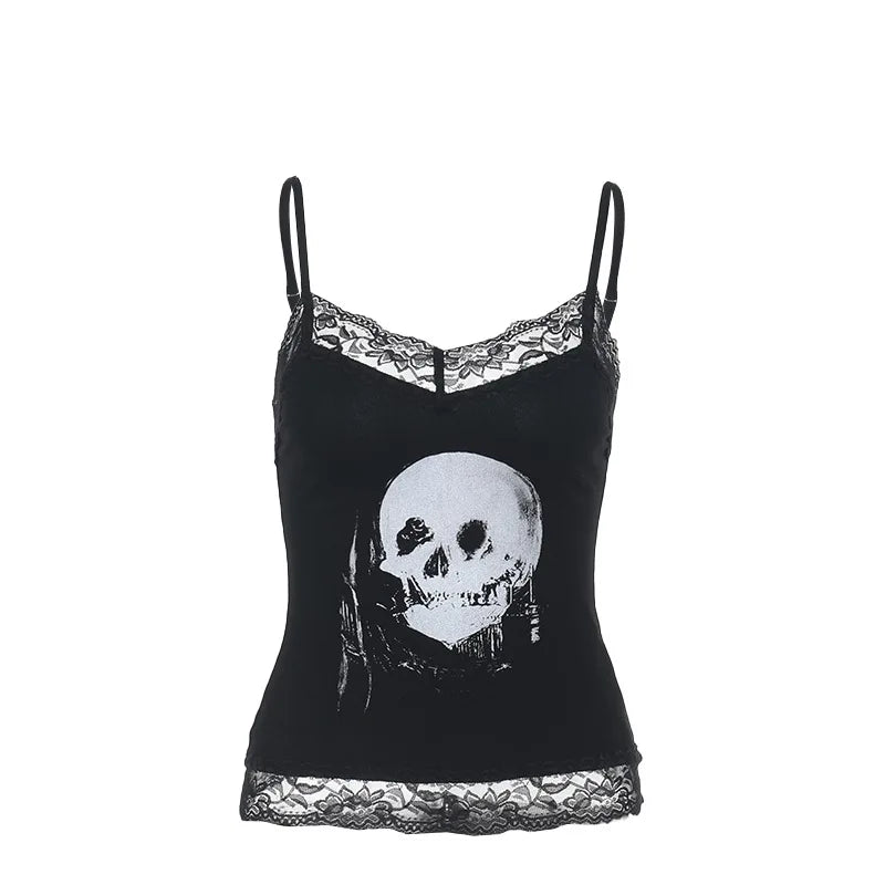 AltGoth Mall Gothic Skull Printed Camisole Women Vintage Streetwear Y2k E-girl Harajuku Cyber Punk Lace Patchwork Crop Tank Tops